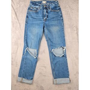 GOOD AMERICAN High Waisted Ripped Knee Straight Leg Jeans Medium Wash Size 00 24